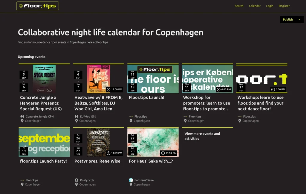 Forsiden på floor.tips. Viser en billedkollage over events i det københavnske natteliv