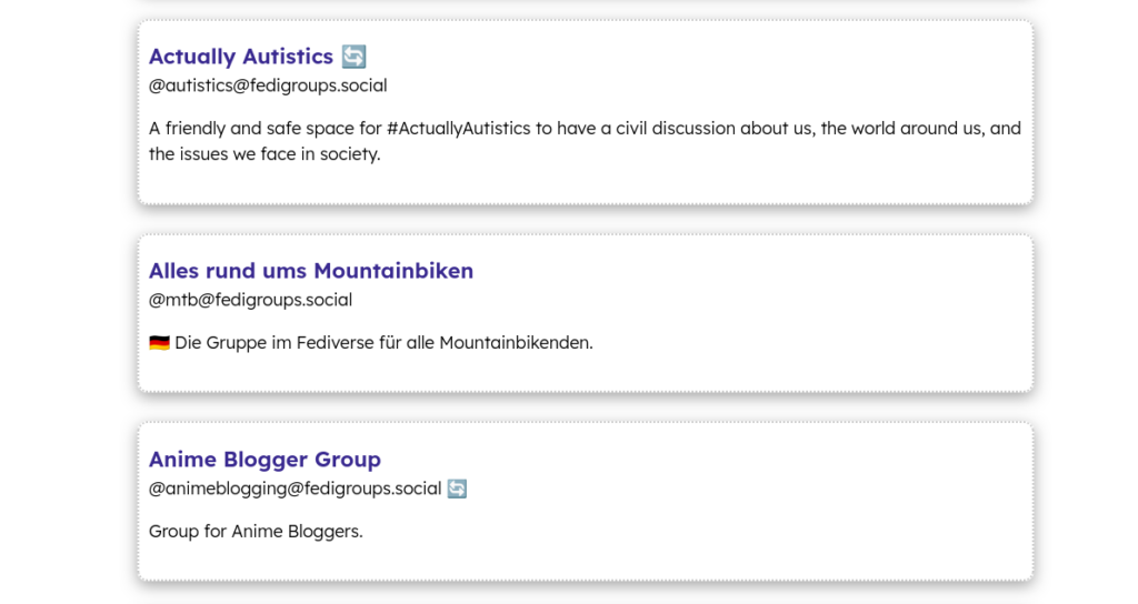 Udsnit af deltagende grupper i FediGroups-initiativet