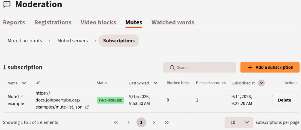 Billede, der viser at man kan abonnere på block- og mute-lister i Peertube. Der vises en tabelopsætning med importerede feeds