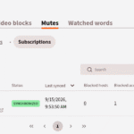 Billede, der viser at man kan abonnere på block- og mute-lister i Peertube. Der vises en tabelopsætning med importerede feeds